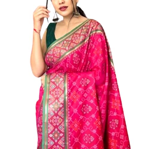 Patola Silk Saree with Traditional Motifs With Blouse -Pink