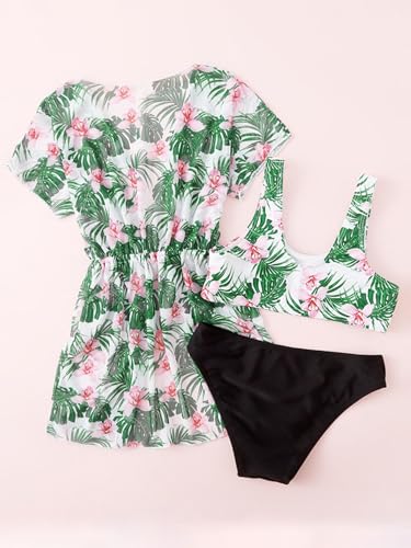 Image of Girl's 3 Piece Bikini Set Tropical Print Bathing Suit Swimwear with Overall Kimono Cover Ups Green 140