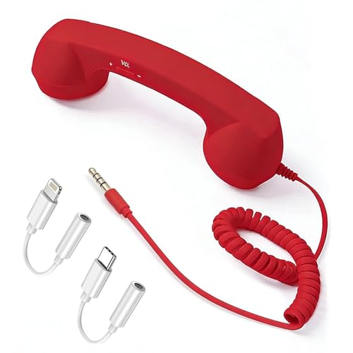 Retro Phone Handset for Cell Phone, 3.5mm Jack Vintage Telephone Receiver with USB-C & Lightning-Port Adapters | Classic Handset Feel for Compatible Devices (Red) by FTNA - Used condition - US$15.60