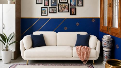Image of 3 Seater Single Color Sofa, Velvet Fabric (Off-White) | Solid wood structure, premium velvet upholstery, sturdy golden legs, ideal for living room seating.
