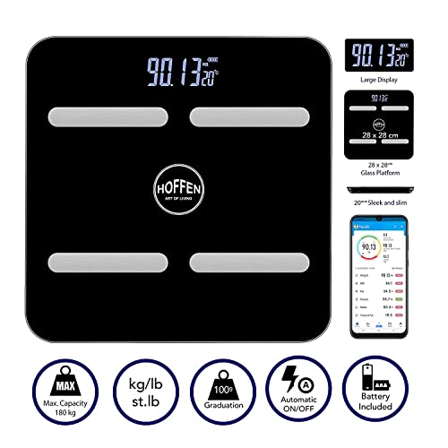 Image of Hoffen (Made in India) Smart Personal Body Fitness wireless Weighing Scale | Fat, Muscle, Metabolism Rate Machine | Bluetooth Connectivity Measuring Scale Black