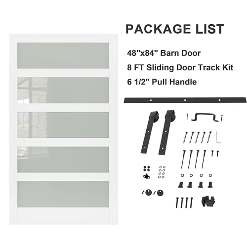 Image of 48 inchx84 inch Frosted Glass Barn Door with 8FT Sliding Hardware & Handle, White | Pre-Drill Holes Barn door for Easy Assembly, Solid Wood Sliding Barn Door with Excellent Privacy Protection & Sound Reduction