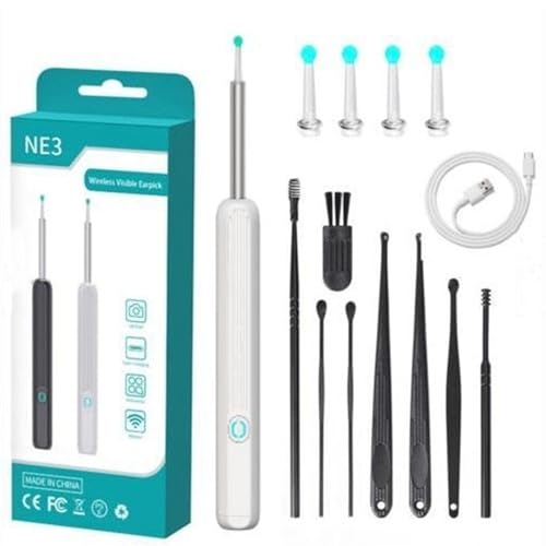 AEX Earpick, NE3™ - CleanEar Pro, Rechargeable Ear Wax Removal Tool with Camera (White+ 8 Piece Suit)
