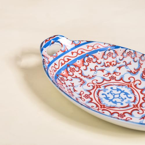 Image of Nestasia Set of 2 Red and Blue Mandala Design Ceramic Serving Dish with Handles for Snacks, Appetizers, Salads, and Noodles| Microwave Safe, Dishwasher Safe (10.8 Inch)
