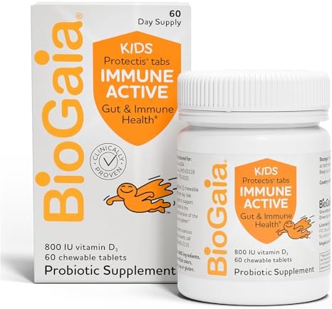 BioGaia Protectis Immune Active Kids Probiotic | Probiotic + Vitamin D | Supports Immune, Digestive & Overall Health | Kids Probiotic | Orange Chewable Tablets | 60 Day Supply