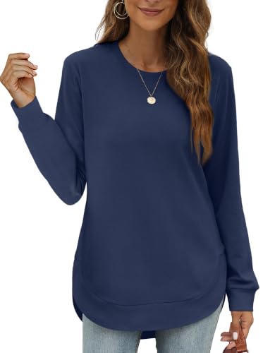 Image of OFEEFAN Womens Sweatshirt Crewneck Long Sleeve Shirts High Low Tops Curved Hem