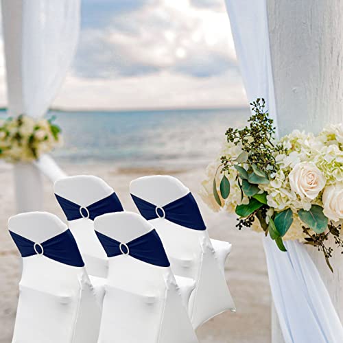 Image of Spandex Chair Sashes Bands, Navy Blue, 50PCS | Stretch Chair Ties Bows, With Buckle Slider, For Wedding Party Banquet Decoration