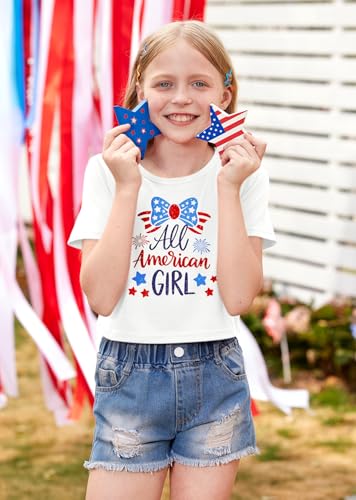 Image of BesserBay Kids Girls 4th of July Crop Tops American Flag Red White Blue Patriotic Bows USA Flag T-Shirts 6-14 Years