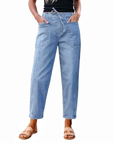 luvamia Barrel Jeans Women Trendy High Waisted Pull On Drawstring Elastic Waist Stretchy Denim Baggy Pants with Pocket