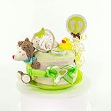 MomsStory - kleine Windeltorte Junge | Windelgeschenk | Baby-Geschenk zur Geburt Taufe Babyshower | mini Babytorte 1 Stöckig (Beige-Grün) Geburtsgeschenk mit Baby-Spielzeug Lätzchen Windeln & mehr