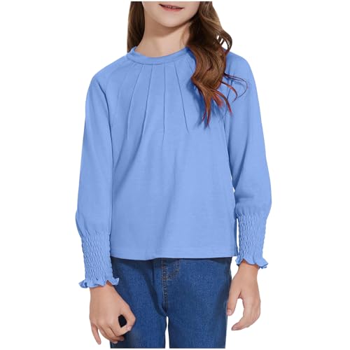 Girls Ruffle Smocked Long Sleeve Tops Dressy Casual Pleated Loose Crewneck Pullover Solid Tunic T-Shirts for 4-14Y