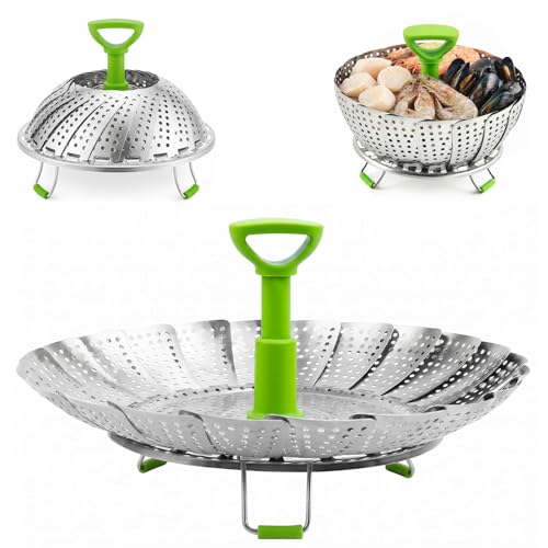 BangShou Panier Vapeur Inox, 9'' Cuit Vapeur Inoxydable pour Autocuiseur avec Manche Télescopique, Panier pour Cuire à la Vapeur, Fleur Marguerite Cuisson...