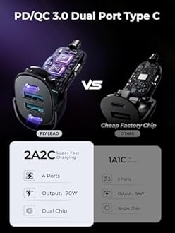 Fast Car Charger FLYLEAD 90W 4 Ports Car Charger [A Must for Family Travel] Super Fast USB C Charge Adapter for iPhone 17/16/15 Pro Max Plus