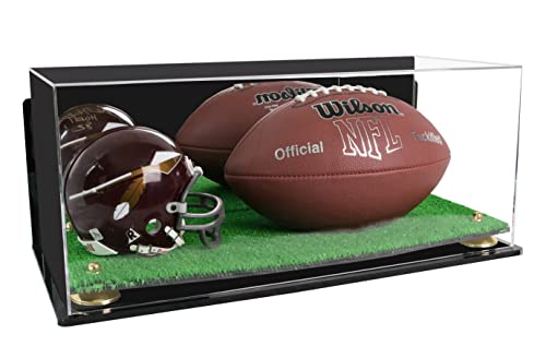 Better Display Cases Acrylic Display Case for Full Size Football and Mini Helmet - Large Rectangle Box with Mirror Case, Gold Risers, Wall Mount and Turf Base 19.25
