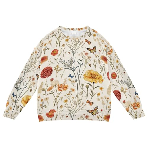 JUNZAN Autumn Flowers Carnation Butterflies Beige Kids Girls Pullover Hoodie Long Sleeve Hoodies for Girls Camping 4T