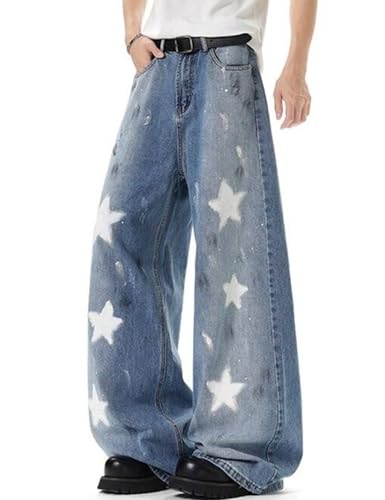 Y2K Star Jeans Men Aesthetic Star Denim Pants Straight Leg Baggy Jeans Grunge Streetwear4