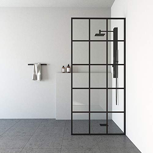 Vigo Zenith Fixed Glass Shower Wall Panels | Framed Mosaic Grid Tempered Shower Glass Panel For Walk-In Bathroom (1" L X 34.125" W X 74" H) | Clear Glass Shower Panel With Matte Black Hardware Finish #TOP2