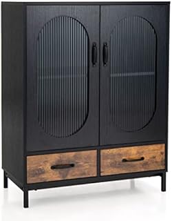 COSTWAY Industrial Storage Cabinet, Floor Standing Wooden Sideboard with Anti-tipping Device, 2 Drawer Display Cupboard Organiser Unit for Living Room, Bedroom, Dining Room and Kitchen
