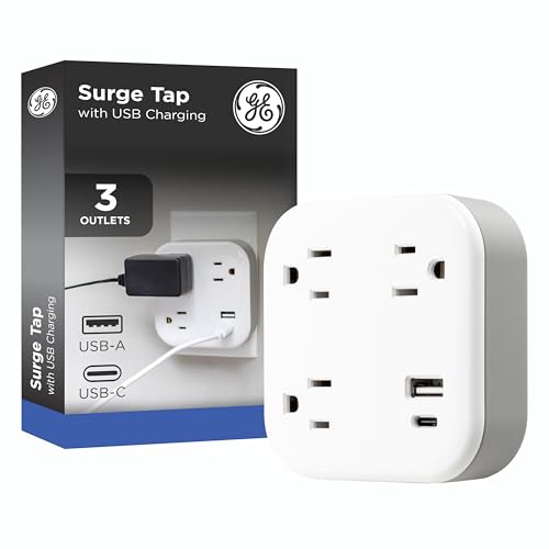 GE UltraPro 3-Outlet Surge Protector Wall Tap, 980J, USB-C & USB-A Ports, Adapter-Spaced Outlets, Circuit Breaker, ETL Certified, Low-Profile Design, White, 85875