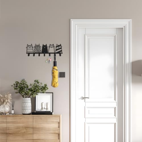 Porte-clés moderne, porte-clés en métal, boîte à clés en métal avec 5 crochets, porte-clés à motif chat avec détails noirs pour chambres, entrées, garages – vue 3