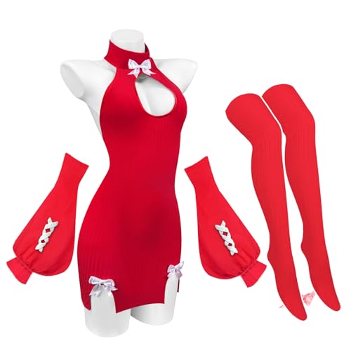 KORURACLUB Schleifenpullover Kostüm (3-teiliges Set) Premium Pullover Cosplay Dessous Schleifenpullover Succubus Dessous (Rot S-M)