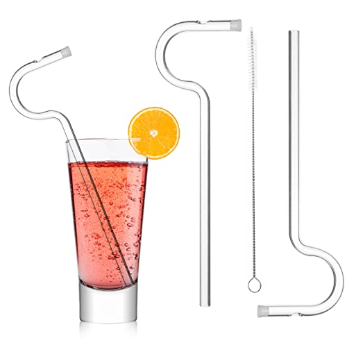 Vspek 2pcs Anti Wrinkle Straw, Reusable Glass Curved Drinking Wrinkle Free Straw Flute Style Design for Engaging Lips Horizontally with a Brush, Lip Wrinkle Straw, Sideways Straw