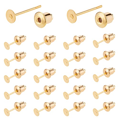 BENECREAT 50 Sets 18K Gold Plated Flat Earring Studs with Ear Nuts for DIY Earring Jewelry Making