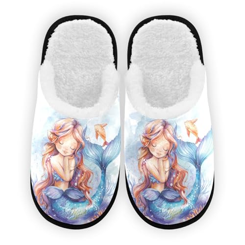 Mermaid Watercolor Plush Slippers for Women Men Warm Comfortable Travel Spa Slipper Non-slip House Shoes