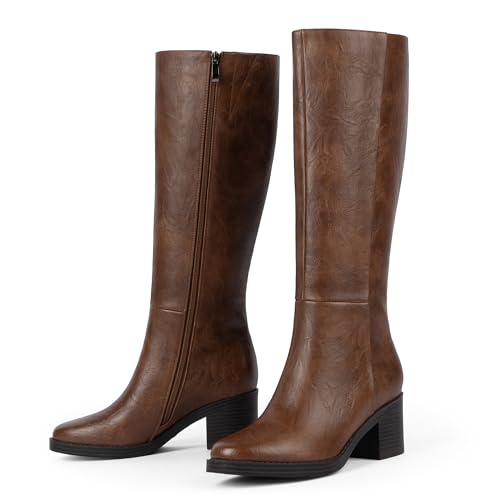 Image of Easyfox Womens Knee High Boots Chunky Low Heel Round Toe Tall Long Boots