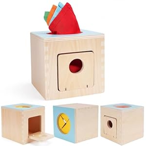 FCSONU Kids Toddler Toys, Montessori Baby Toys 0-6-12 Months, 1 Year Old Wooden Baby Tissue Box Toy for Educational Learning with Cloth Tissues, Boys & Girls Gifts for Birthday Christmas Children Day