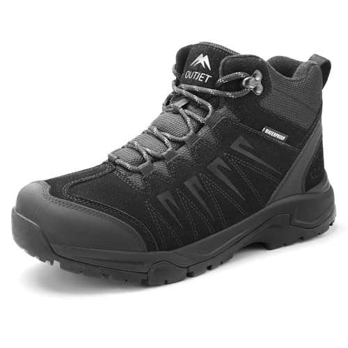OUTJET Men's Waterproof Hiking Boots Lightweight Comfortable Leather Mid Ankle Outdoor Trekking Boot Black