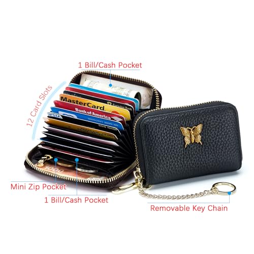Image of imeetu RFID Credit Card Holder for Women, Business Card Wallet, Purple Coffee, Small, Credit Card Case Wallet | Genuine Leather Card Case Wallet with Zipper and Removable Keychain, 12 Card Slots & 2 Cash Pockets, Daily, Travel, Gifts