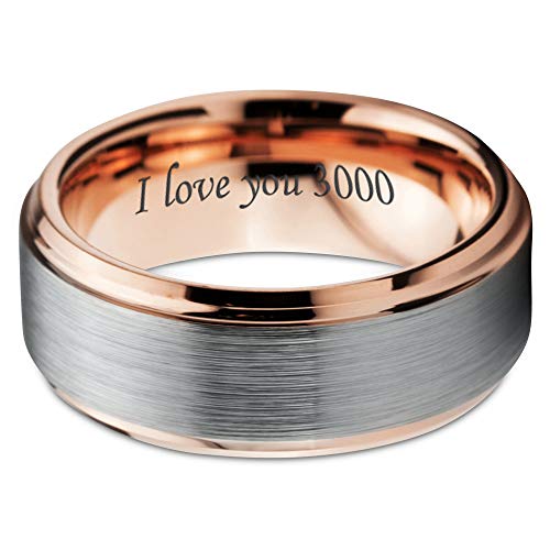 I Love You 3000 Quote Engraved Ring - Tungsten Band 8mm - Men - Women - 18k Rose Gold Step Bevel Edge - Yellow - Grey - Blue - Black - Brushed - Polished - Wedding - Gift Dome Flat2