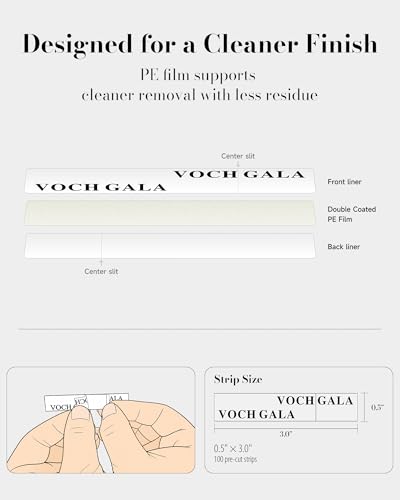 Image of VOCH GALA Double Sided Tape for Clothes & Fashion, 100 Strips | Secure Hold, PE Easy Peel, Less Residue on Delicate Fabrics, Hypoallergenic for Sensitive Skin, 100 Pre-Cut Strips