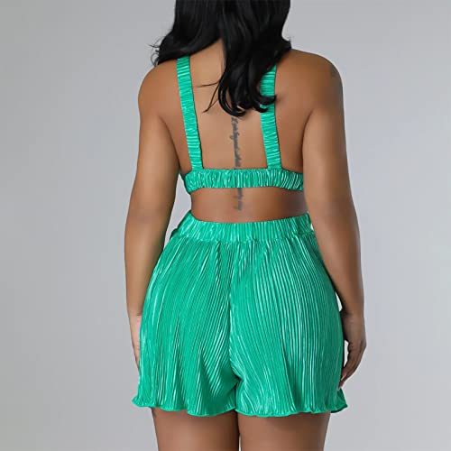 Oplxuo Women's Summer Shorts Rompers Shirred Sexy Deep V Neck Backless Elastic Straps Casual Sleeveless One Piece Jumpsuits Green #TOP3