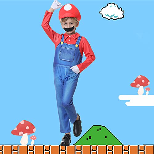 Lydoesy Upgraded Super Brothers Costume For Kids Halloween Cosplay Jumpsuits With Hat Mustache Eyebrows Gloves (130(Height49''-53'')) #TOP5