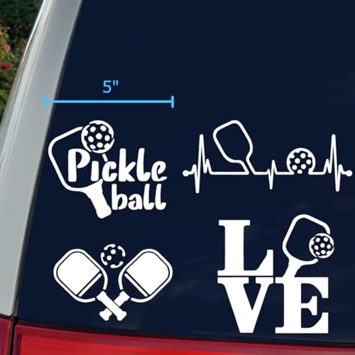 Image of Pickleball Decals 4 Pack: Pickle Ball, Pickleball Heartbeat, Paddles and Pickleball, Love Pickleball Decals (White, Large ~5 inch)