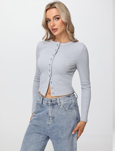 Womens Long Sleeve Tops Fall Lightweight Cardigan Cropped Going Out Shirts Ribbed Button Down Cute Trendy 2025