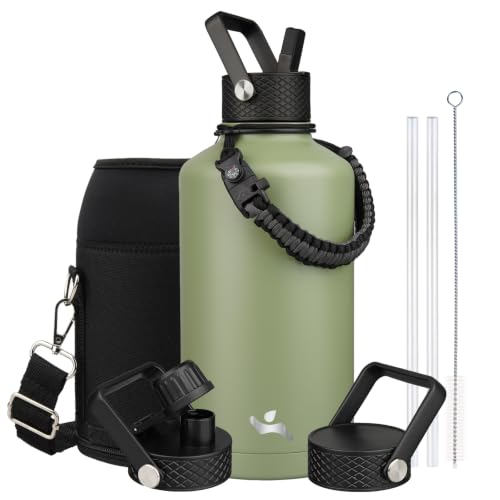 Image of Konokyo Insulated Water Bottle with Straw,87 oz 3 Lids Water Jug with Carrying Bag,Paracord Handle,Double Wall Vacuum Stainless Steel Metal Flask,Camp Green