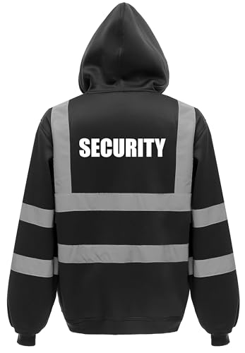 Image of Brook Hi Vis Security Zip Hoodie – Black Reflective Workwear with SECURITY Print Front & Back for Guards, Doormen, Bouncers, Event Staff. (Black, 2XL)