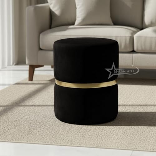 Image of Round Single Strip Upholstered Stool Living Room Foot Rest Linen Fabric Padded Seat Pouf Ottoman Office Stool Black