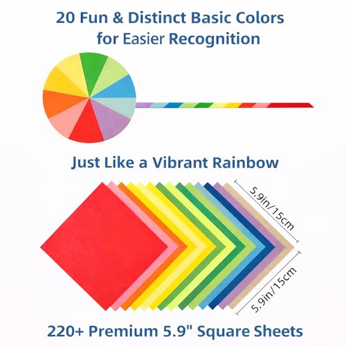 Enmousvan Origami Paper 6x6 Inch, Double Sided Color, 220 Sheets, 20 Fun & Distinct Colors, Child-Friendly, with DIY Accessory Kit for Hands-on Art and Craft Projects - Image 2