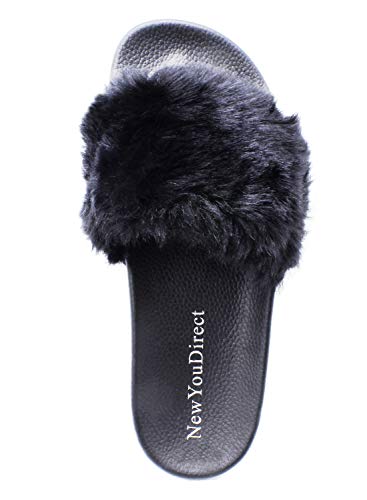 NewYouDirect Fur Slides for Women,Fuzzy Sandals Slippers Flip Flop Furry Slides Soft Flat for Indoor Outdoor