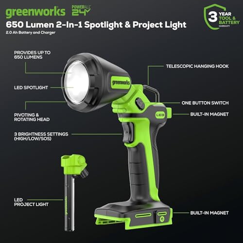 Image of Greenworks 24V Cordless Impact Driver & 2-in-1 Work Light Kit with 2x 2Ah Batteries & Charger - Brushless, Lightweight for DIY, Home Repairs & Outdoor Use