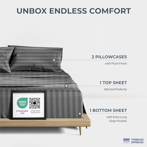 Image of THREAD SPREAD 100% Egyptian Cotton Damask Sheets Queen Size - Luxury 1500 Series Queen Sheet Set Egyptian Cotton (4 PC, Dark Grey Stripe), Silky Soft, Sateen & Cooling, 17 inch Deep Pocket Bed Set