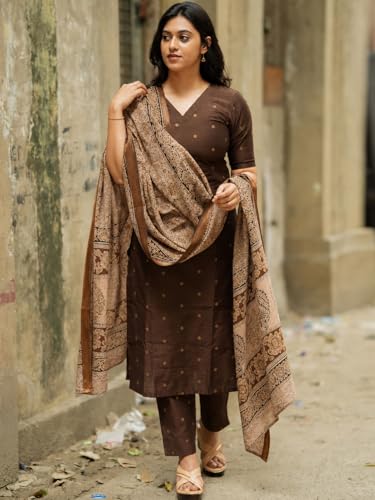 Image of GoSriKi Kurta Set Women Viscose Printed | Kurti Set Woman | Kurta Pant Dupatta 3 Piece Outfit | V-Neck Elbow Length Sleeve Straight Fit Ethnic Wear Ladies Dress Stylish Traditional Clothing