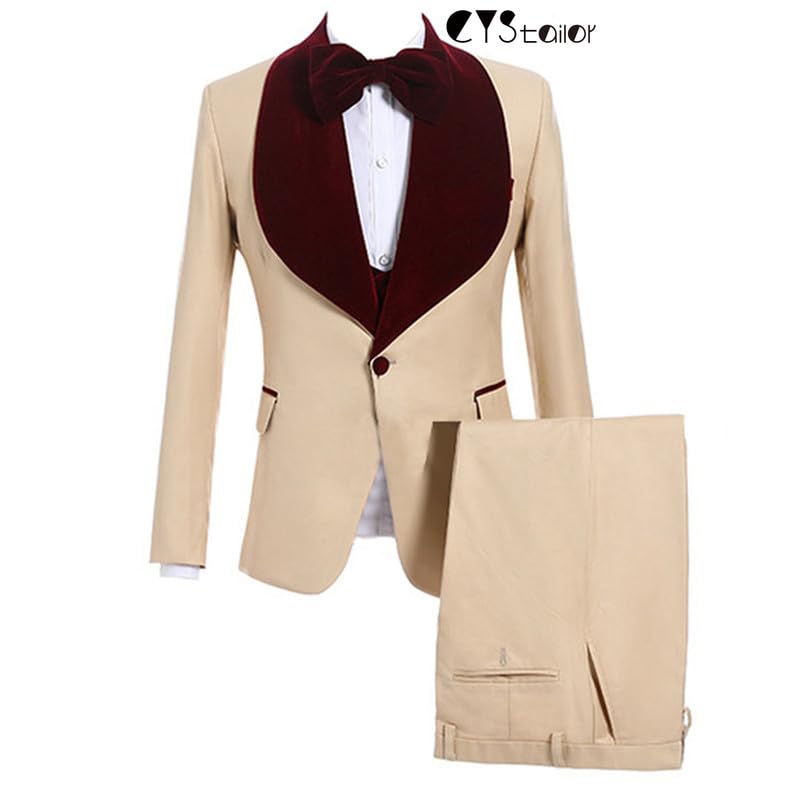 Mens Red Shawl Lapel Dress Wedding Tan Color Suits (Jacket+Pants+Bowtie)2