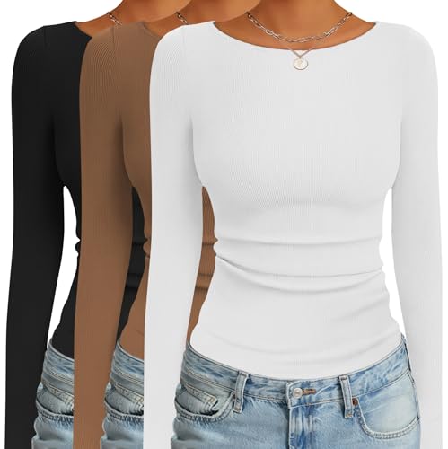 Ekouaer 3 Pack Womens Long Sleeve Shirts Boat Neck Ribbed Thermal Undershirts Lightweight Basic Top Black/White/Light Brown XL