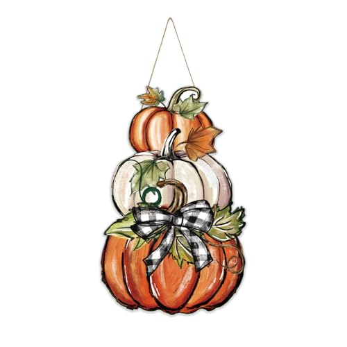 Smile Fall Wooden Door Hanger Stacked Pumpkins and Plaid Bow