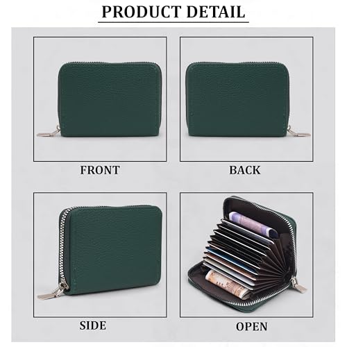 Image of 9 Slot RFID Genuine Leather Credit Debit Card Holder Wallet Money Zipper Coin Purse for Men & Women (Green)